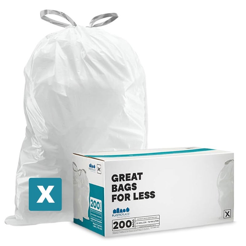 Plasticplace Custom Fit Trash Bags, Compatible with simplehuman Code X (200 Count) White Drawstring Garbage Liners 21 Gallon/ 80 Liter, 26" x 24.5" - Image 1